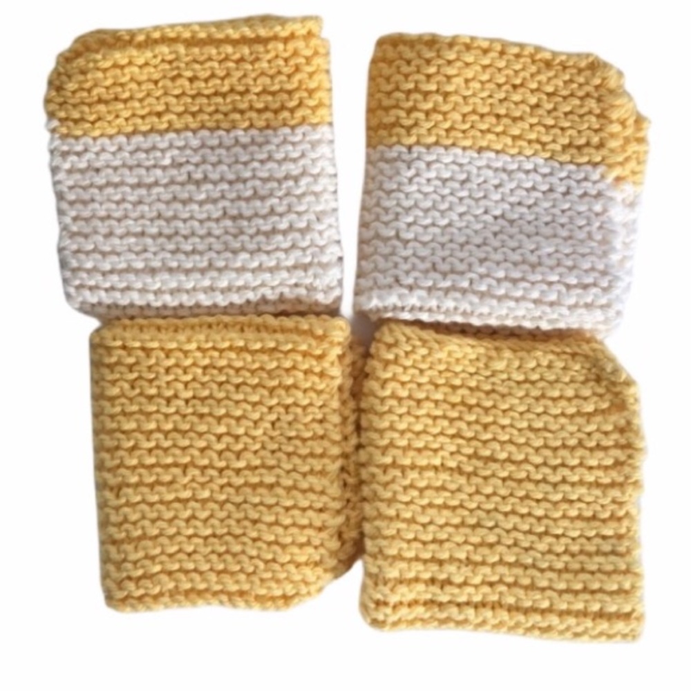 Set of 4 hand knitted dishcloths  yellow and white